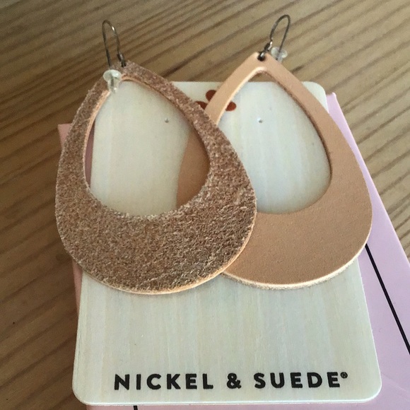 New Leather Cutout London Tan Tear Drop Nickel & Suede Earrings - Picture 3 of 5